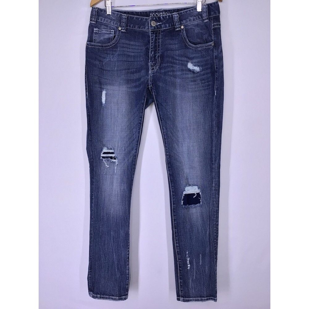 Rock & Roll Cowgirl Boyfriend Skinny Jeans Women's Size 30X32 Blue Mid Rise